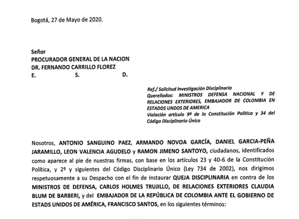 Carta al Procurador General de la Nación Fernando Carrillo Florez