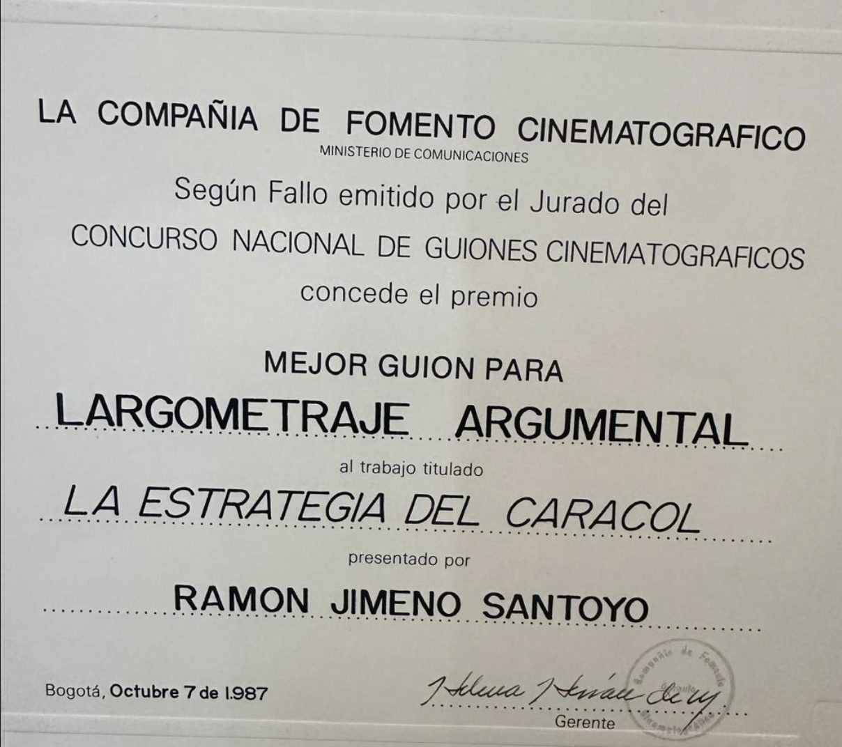 Certificado del Concurso Nacional de Guiones — Focine, 1987